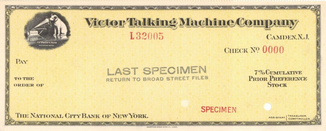 Victor Talking Machine Co. - American Bank Note Company Specimen Check
