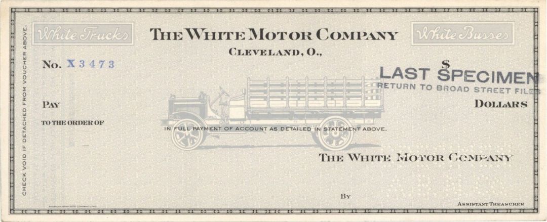 White Motor Co. - American Bank Note Company Specimen Check