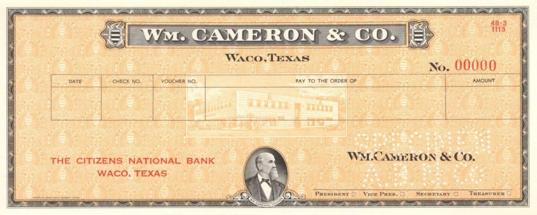 Wm. Cameron and Co. - American Bank Note Company Specimen Checks