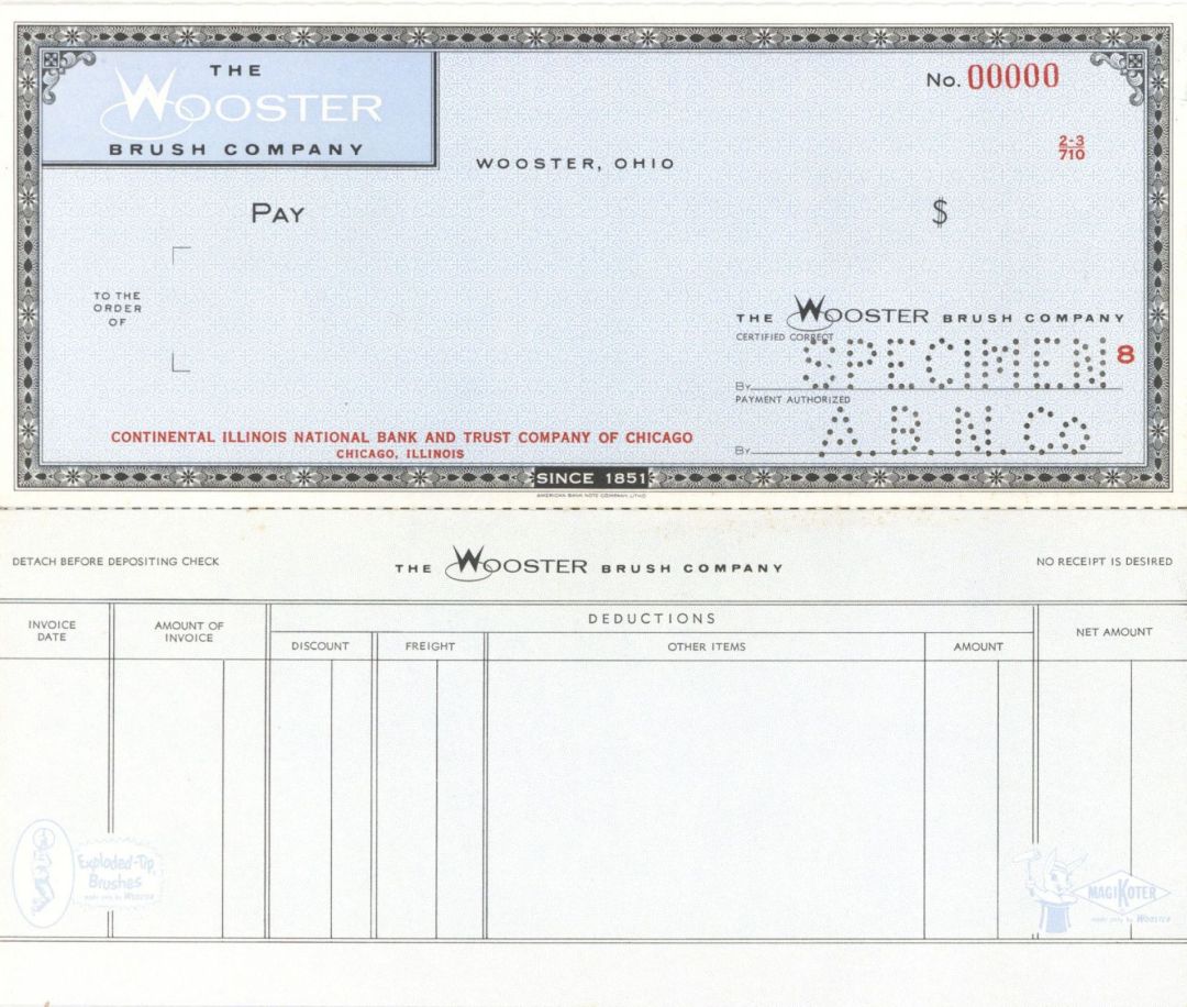 Wooster Brush Co. - American Bank Note Company Specimen Checks