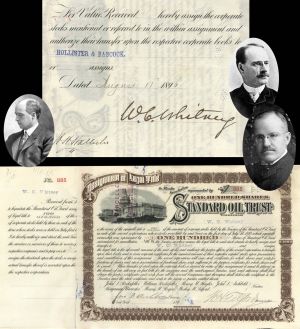 Standard Oil Trust Stock issued to W.C. Whitney and signed by John D. Archbold and Wesley H. Tilford - 1895 dated Autograph Stock Certificate