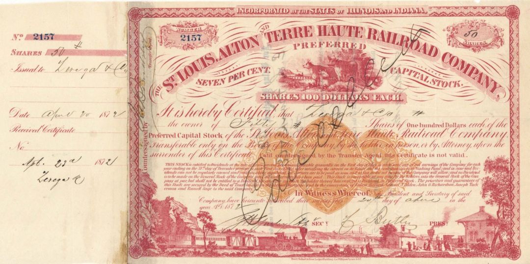 Charles Butler signed St. Louis, Alton and Terre Haute Railroad Co. - Autographed Stock Certificate