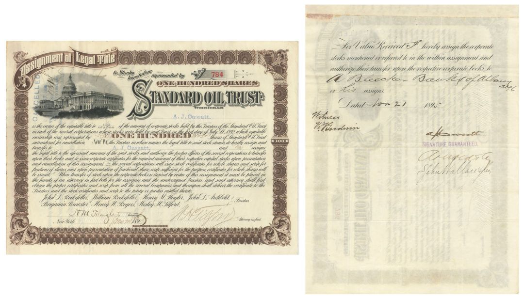 Henry M. Flagler, W. H. Tilford and A. J. Cassatt - 1895 dated Standard Oil Trust Stock Certificate