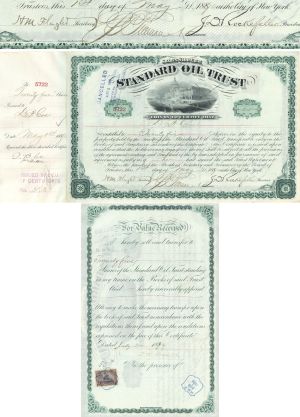 Standard Oil Trust signed by John D. Rockefeller, Joel F. Freeman & Henry M. Flagler - 1890 dated Autograph Stock Certificate