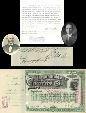 Mergenthaler Linotype Co. Issued to D.O. Mills and Signed by D.O. and Ogden Mills- 1896, 1904 and 1911 dated Autographed Stock Certificate