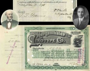 Mergenthaler Linotype Co. Issued to D.O. Mills and signed by Ogden Mills- 1896-1898 dated Autographed Stock Certificate