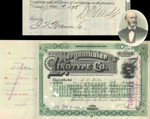 Mergenthaler Linotype Co. issued to and signed by Ogden Mills - 1896 and 1898 dated Autographed Stock Certificate