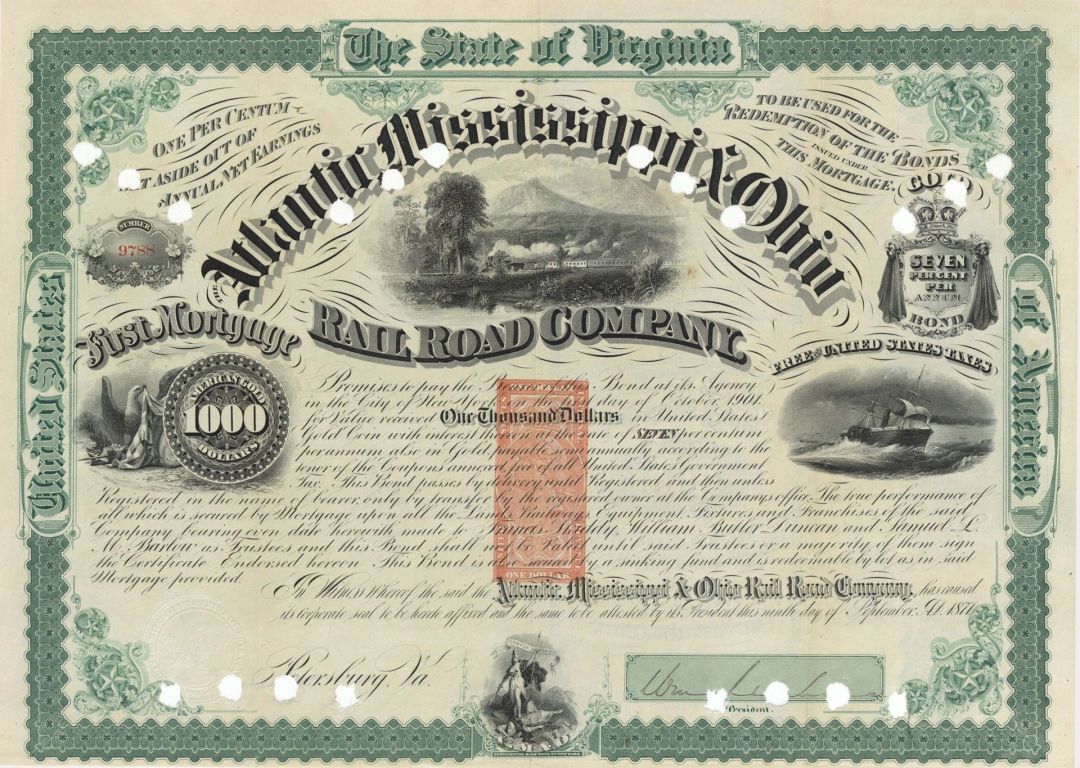 Atlantic Mississippi and Ohio Rail Road Co Uncanceled $1,000 Gold Bond signed by General William Mahone