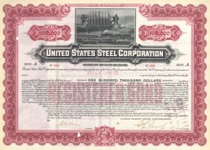 United States Steel Corp $100,000 Gold Bond Issued to Andrew Carnegie - 1901 dated Cranberry Color Steel Bond