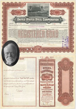 Issued to Andrew Carnegie - United States Steel Corporation $5,000 Gold Bond - 1901 dated Brown Color Steel Bond - Very Rare Type
