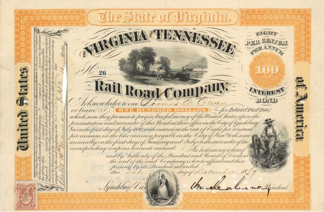 General William Mahone signed Virginia and Tennessee Railroad Co.  - $100 Bond dated 1860's-1870's