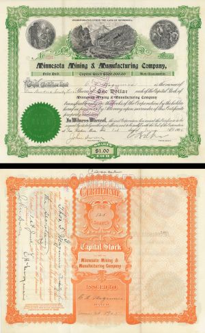 Minnesota Mining and Manufacturing Co. signed by John Dwan & Edgar B. Ober - 3M Company - 1905-06 dated Autograph Stock Certificate - 2 of the 5 Founders