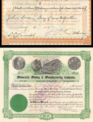 Minnesota Mining and Manufacturing Co. signed by John Dwan & E.B. Ober - 1905 or 1906 dated Autograph Stock Certificate - 2 of the 5 Founders