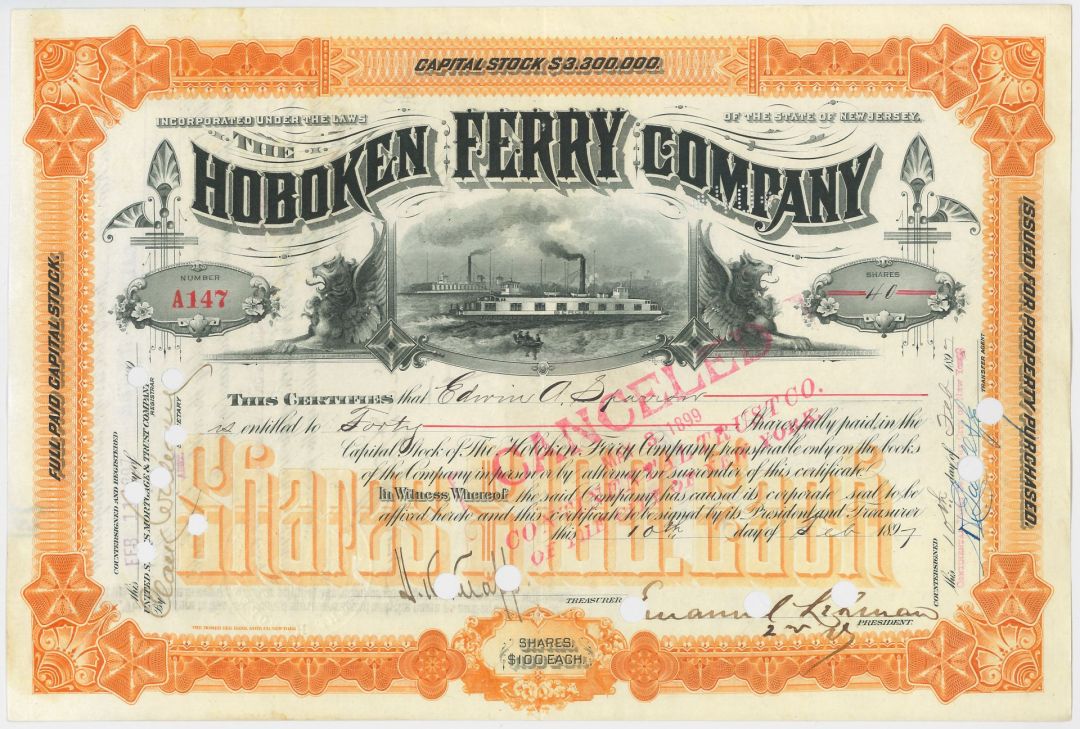 Hoboken Ferry Company signed by Emanuel Lehman - 1890's dated Autograph Stock Certificate