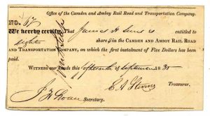 Camden and Amboy Rail Road and Transportation Co. Signed by E.A. Stevens - Stock Certificate
