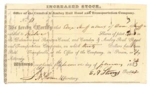 Camden and Amboy Railroad and Transportation Co. signed by E. A. Stevens - 1833 dated Autographed Stock Certificate