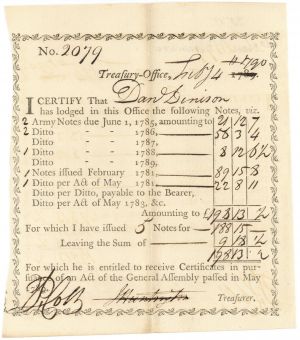 Peter Colt signed Connecticut State Treasury Office Document dated 1789-90's - American Revolutionary War Material