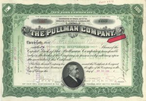 Pullman Co. issued to Hattie Sanger Pullman - 1900 or 1910 dated Stock Certificate