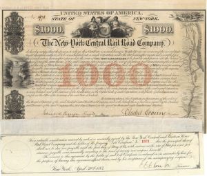 New York Central Railroad Co $1,000 or $500 Bond signed by Erastus Corning - 1853 dated Autograph