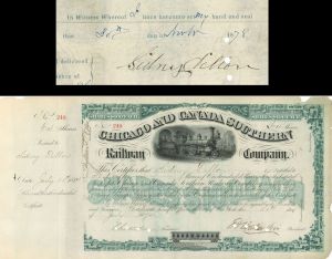 Chicago and Canada Southern Railway Co. Issued to and signed by Sidney Dillon - 1874 dated Autographed Stock Certificate
