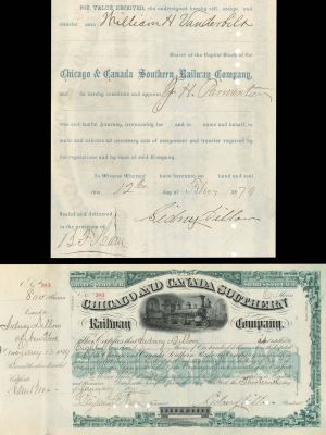 Chicago and Canada Southern Railway Co. Issued to and Signed by Sidney Dillon - 1879 dated Autographed Stock Certificate