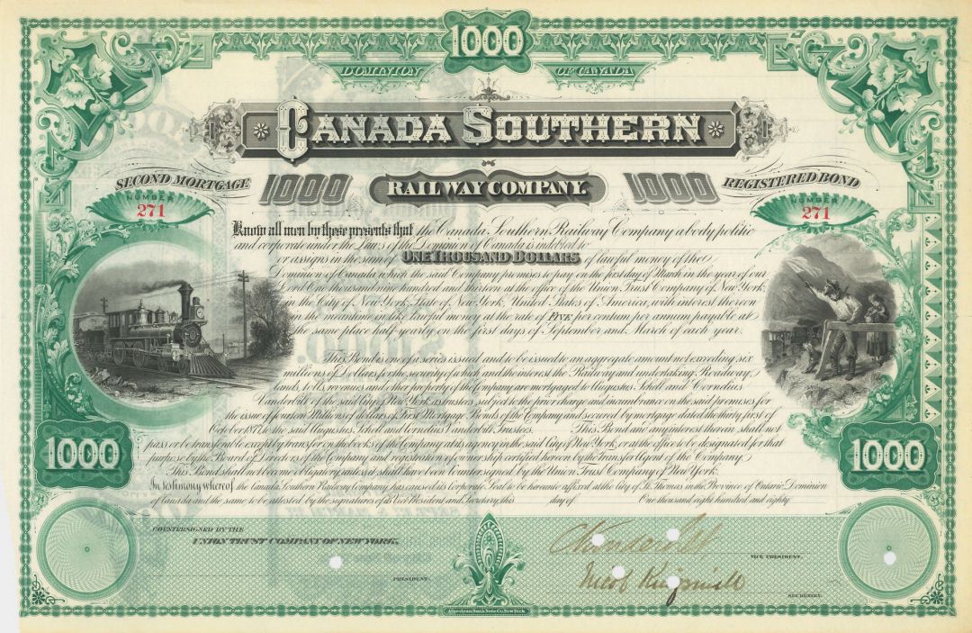 Cornelius Vanderbilt Jr. signed Canada Southern Railway - circa 1890's Partially Issued $1,000 Railroad Bond