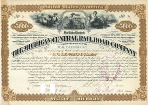 Michigan Central Railroad Co. Issued to W.H. Vanderbilt and signed by C. Vanderbilt, Jr. - $5,000 Autographed Bond dated 1881