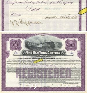 New York Central Railroad Co. signed by Harold Stirling Vanderbilt - 1916 and 1919 dated Autograph $50,000 Railway Gold Bond