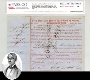 New York and Harlem Railroad Co. signed by Jacob Little - 1850 dated Autographed PASS-CO authenticated Railway Stock Certificate