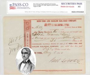 New York and Harlem Railroad Co. signed by Jacob Little - 1850 dated Autographed PASS-CO authenticated Railway Stock Certificate