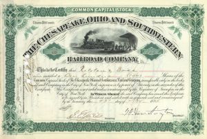 Collis P. Huntington signed Chesapeake, Ohio & Southwestern Railroad Co. Stock - 1880's dated Autograph Fully Issued Stock Certificate