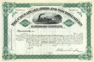 Collis P. Huntington signed Chesapeake, Ohio & Southwestern Railroad - Autograph Unissued Stock Certificate