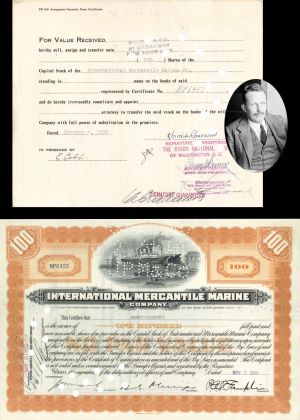 International Mercantile Marine issued to and signed on transfer by Kermit Roosevelt - Co. that Made the Titanic - 1930 dated Autographed Stock Certificate