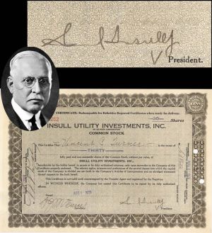 Insull Utility Investments Inc. Signed by Samuel Insull, Jr. - 1929 dated Autograph Stock Certificate (Uncanceled)