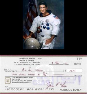James B. Irwin - Astronaut signed check (Uncanceled) - 1990 dated Autograph