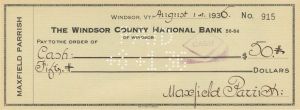 Windsor County National Bank Check signed by Maxfield Parrish - 1936 dated Autographed Check
