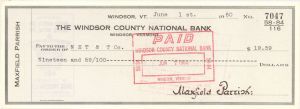Windsor County National Bank Check signed by Maxfield Parrish - 1960 dated Autographed Check