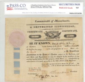 Republican Insitution Signed by Henry Dearborn and PASS-CO Authenticated - 1821 datedAutographed Stock Certificate - Exceptional from Boston, Massachusetts