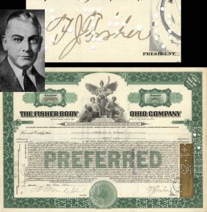  Fisher Body Ohio Co. Signed by F. J. Fisher - 1908-1925 dated Stock Certificate