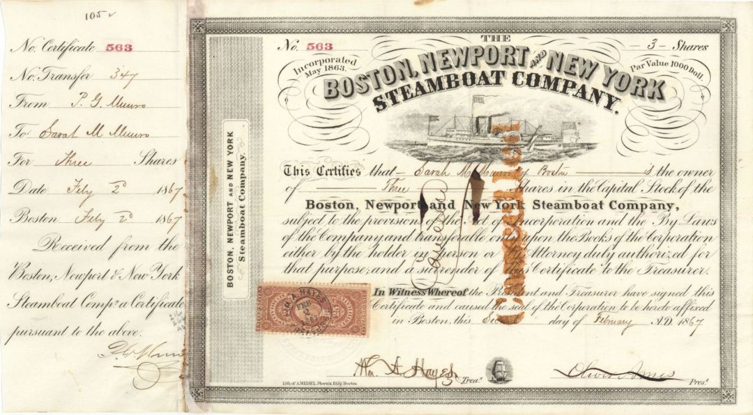 Oliver Ames signed Boston, Newport and New York Steamboat Co. - 1860's dated Autograph Stock Certificate