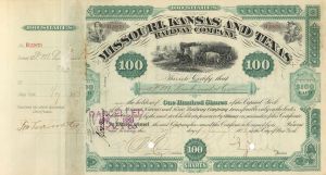 Jay Gould signed Missouri, Kansas and Texas Railway - The Katy - 1880's dated Autograph Stock Certificate