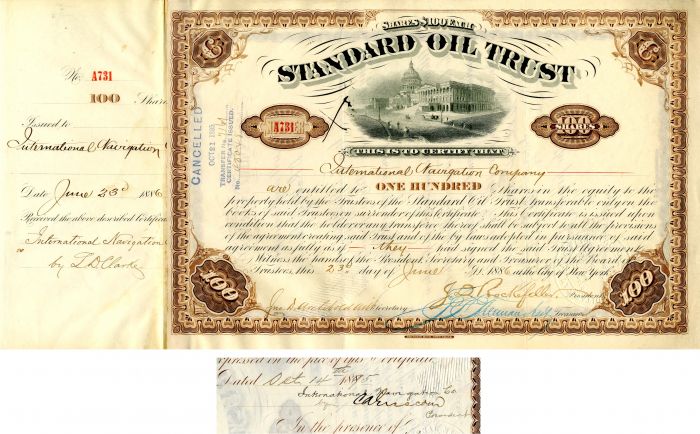 Standard Oil Trust signed by C.A. Griscom, J.D. Rockefeller and John D. Archbold - 1886 dated Autograph Stock Certificate