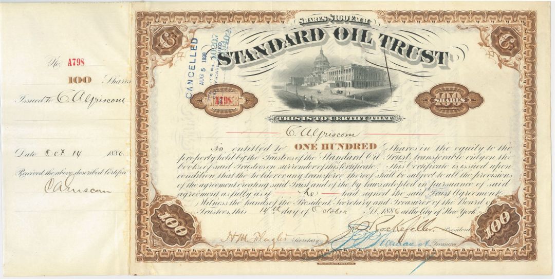 Standard Oil Trust signed by John D. Rockefeller, Henry M. Flagler and Clement A. Griscom - 1880's dated Stock Certificate