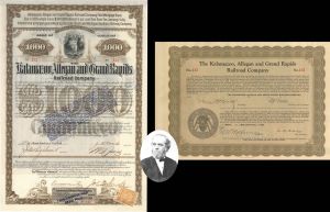 Kalamazoo, Allegan and Grand Rapids Railroad Co. signed by J. H. Wade  - 1888 dated Autographed $1,000 Bond