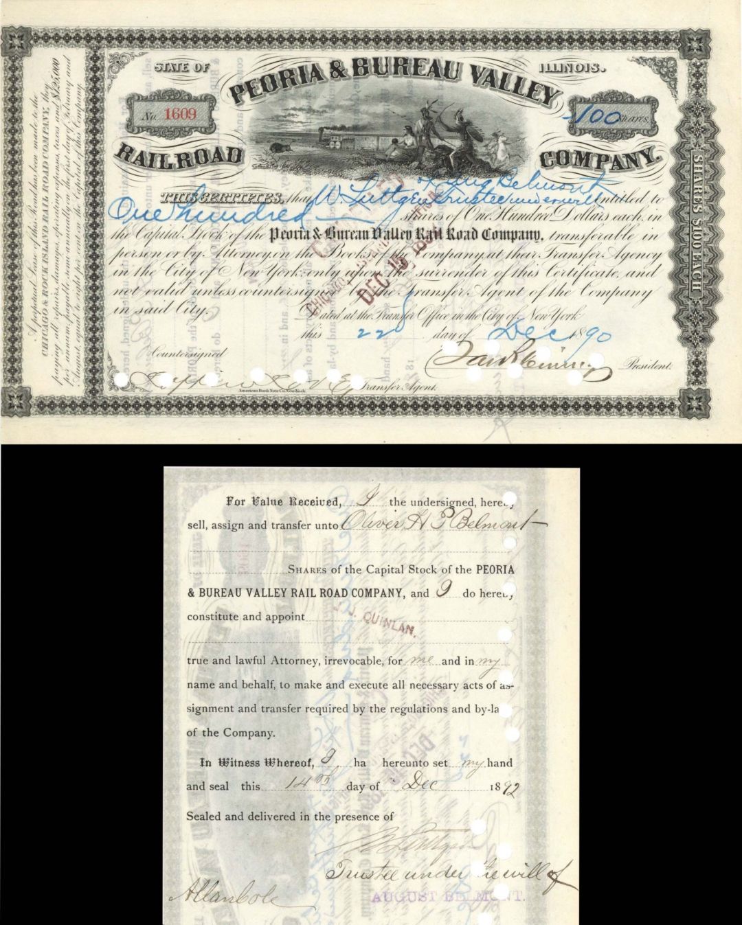 Peoria and Bureau Valley Railroad Co. issued to the will of August Belmont - 1890 dated Railway Stock Certificate