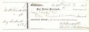 New York and Harlem Railroad Co. transferred to Jay Cooke and Co. by W.H. Vanderbilt - 1871 dated Railway Stock Certificate