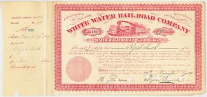 White Water Railroad Stock issued to/signed twice by Elijah Smith - 1880's dated Autograph Railway Stock Certificate