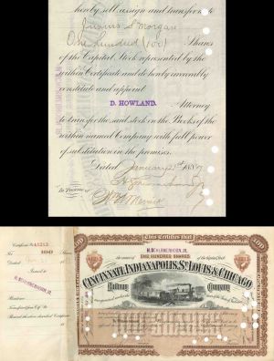 Cincinnati, Indianapolis, St. Louis and Chicago Railway Co. transferred to Junius S. Morgan and signed by H. Schermerhorn Jr. - 1888 dated Autographed Railroad Stock Certificate