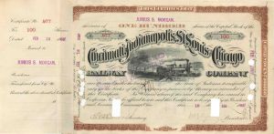 Cincinnati, Indianapolis, St. Louis and Chicago Railway issued to Junius S. Morgan - 1887 or 1889 dated Railroad Stock Certificate