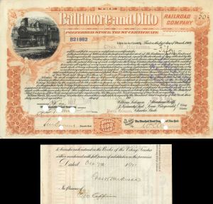 Baltimore and Ohio Railroad issued to and signed by Charles W. Harkness - Autographed Stock Certificate